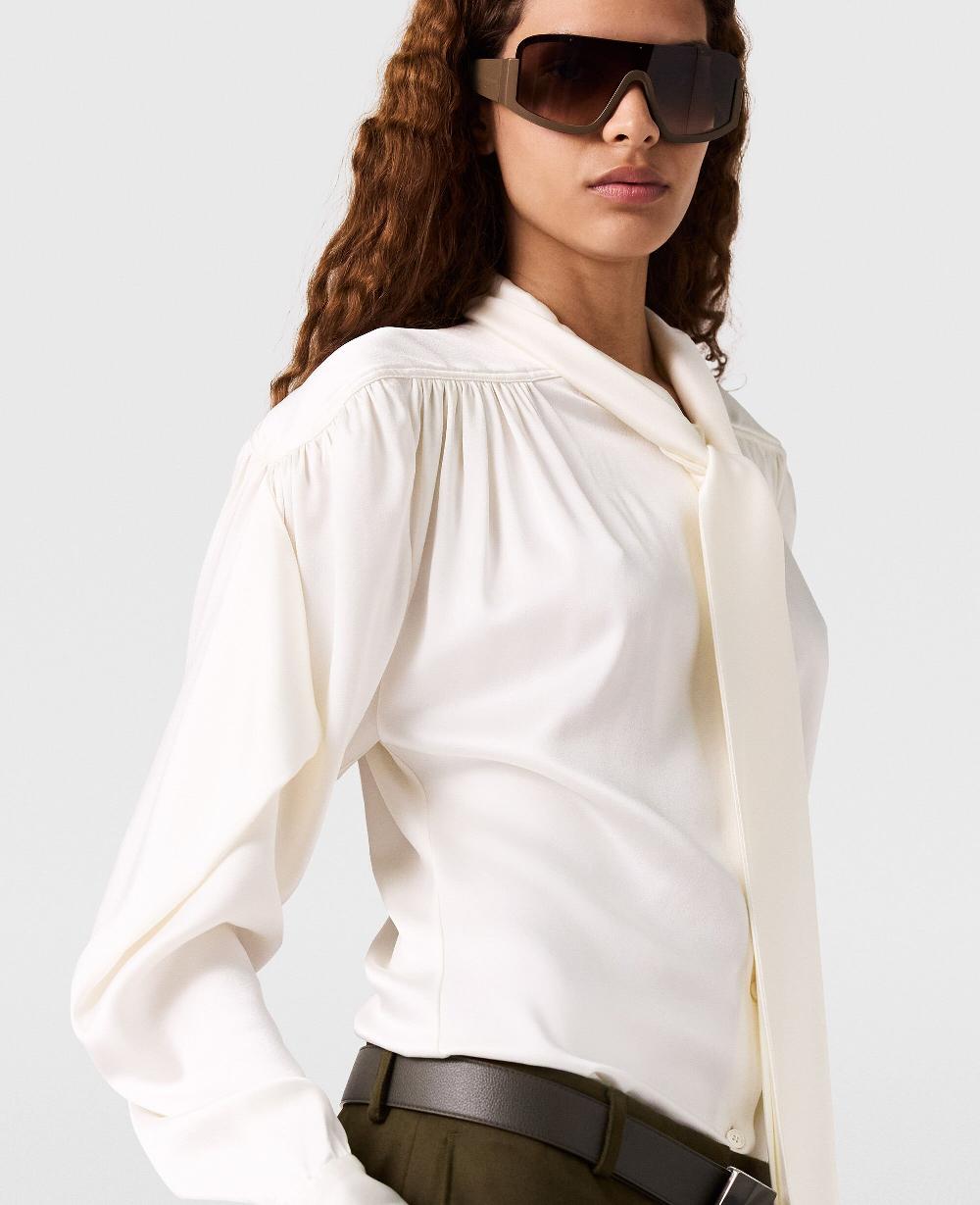 Stella Neck-Tie Shoulder Pad Long-Sleeve Shirt