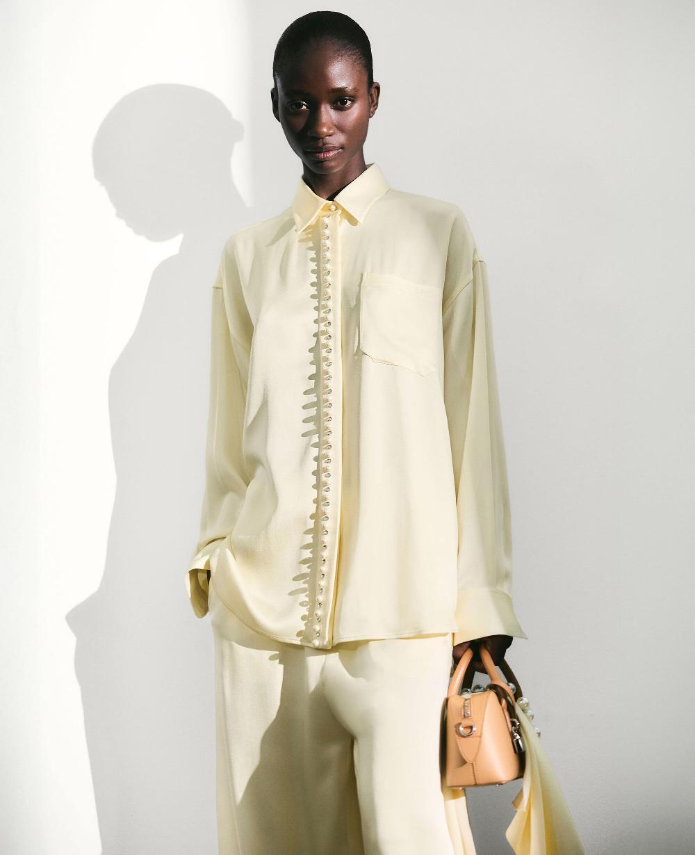 Stella Oversized Pearl-Button Satin Shirt