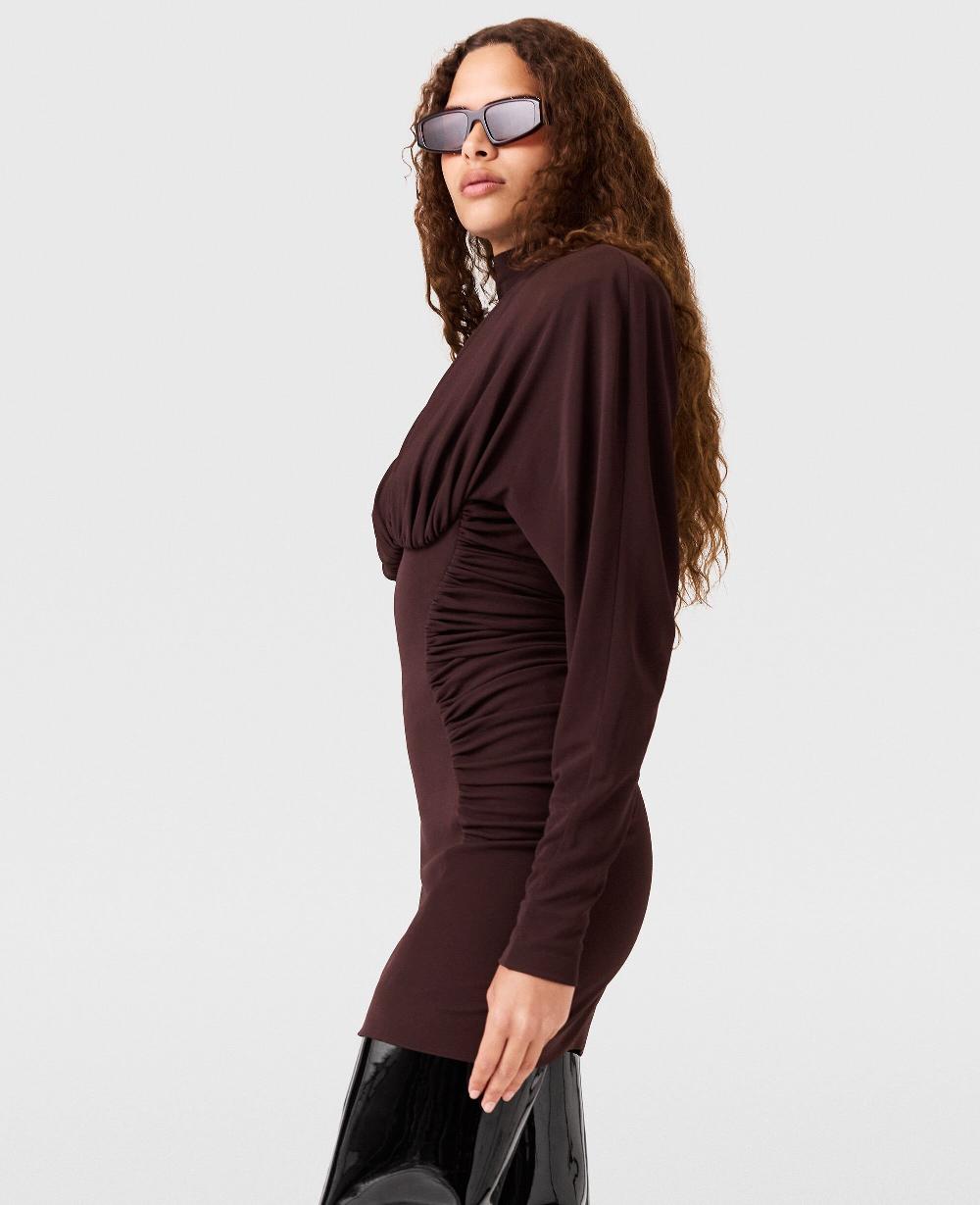 Stella Pleated High-Neck Long-Sleeve Mini Dress