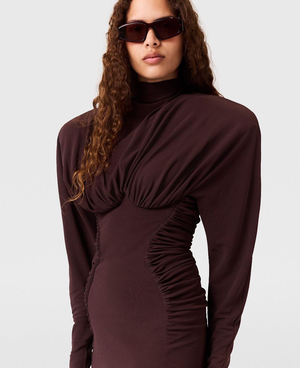 Stella Pleated High-Neck Long-Sleeve Mini Dress
