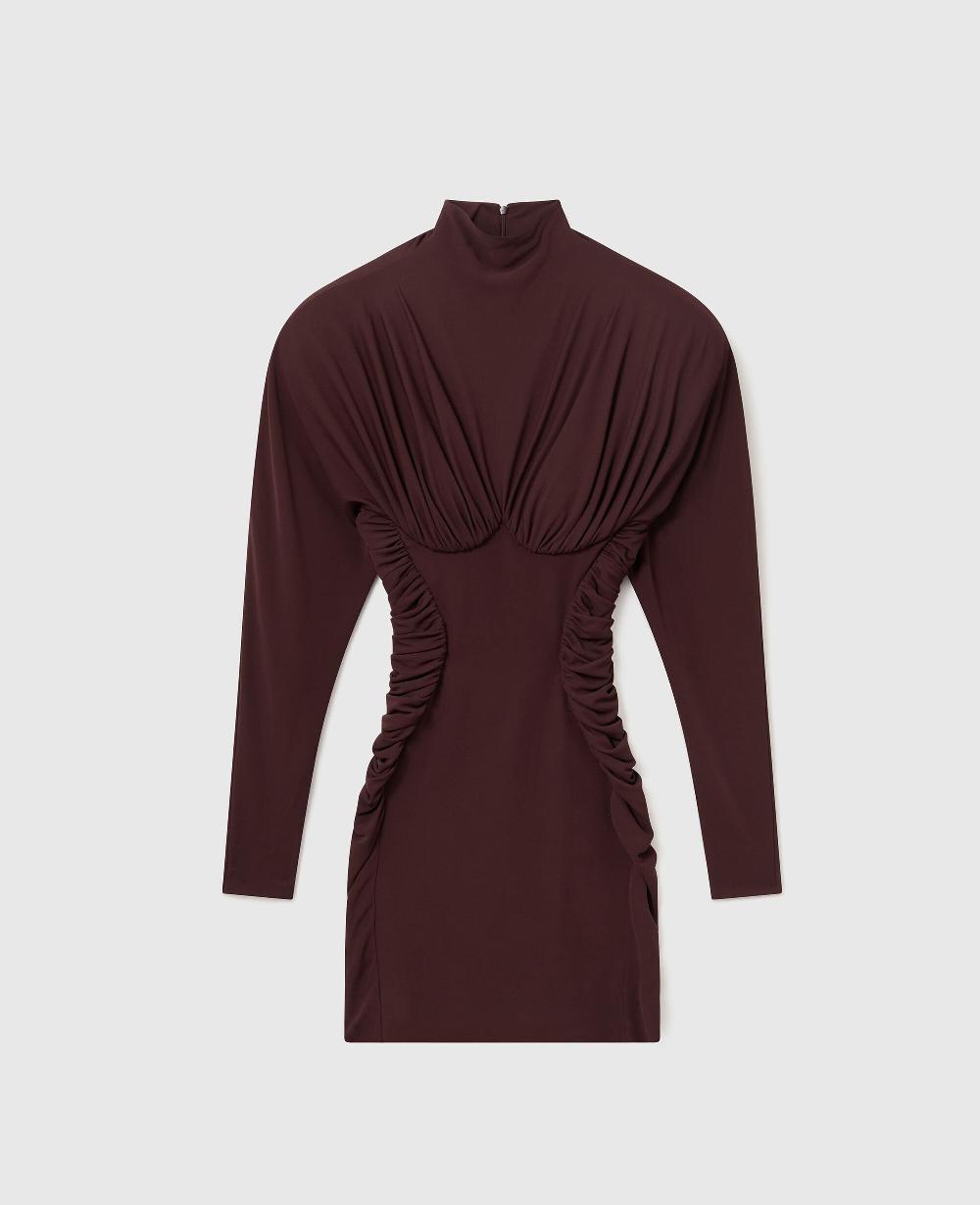 stella Pleated High-Neck Long-Sleeve Mini Dress