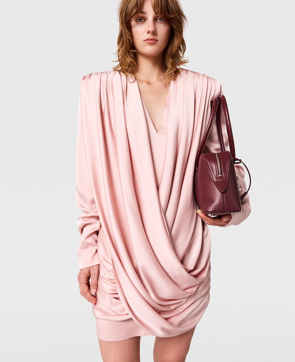 Stella Pleated Satin V-Neck Mini Dress