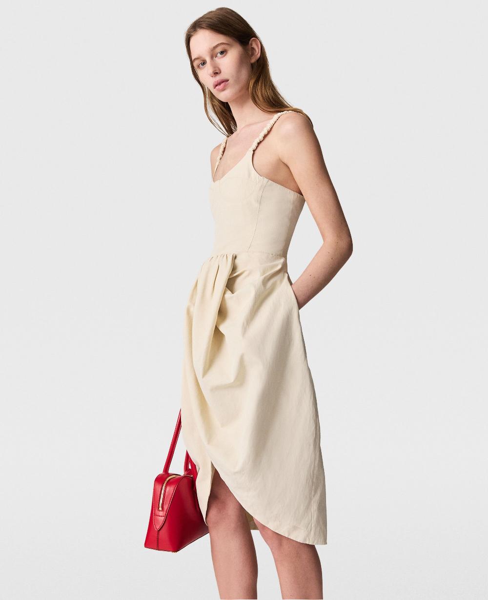 Stella Ruched Strap Pleated Skirt Midi Dress