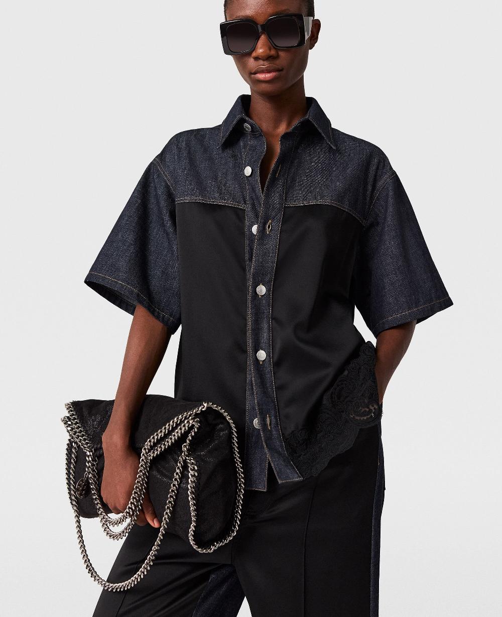 Stella Satin Panel Short-Sleeve Denim Shirt