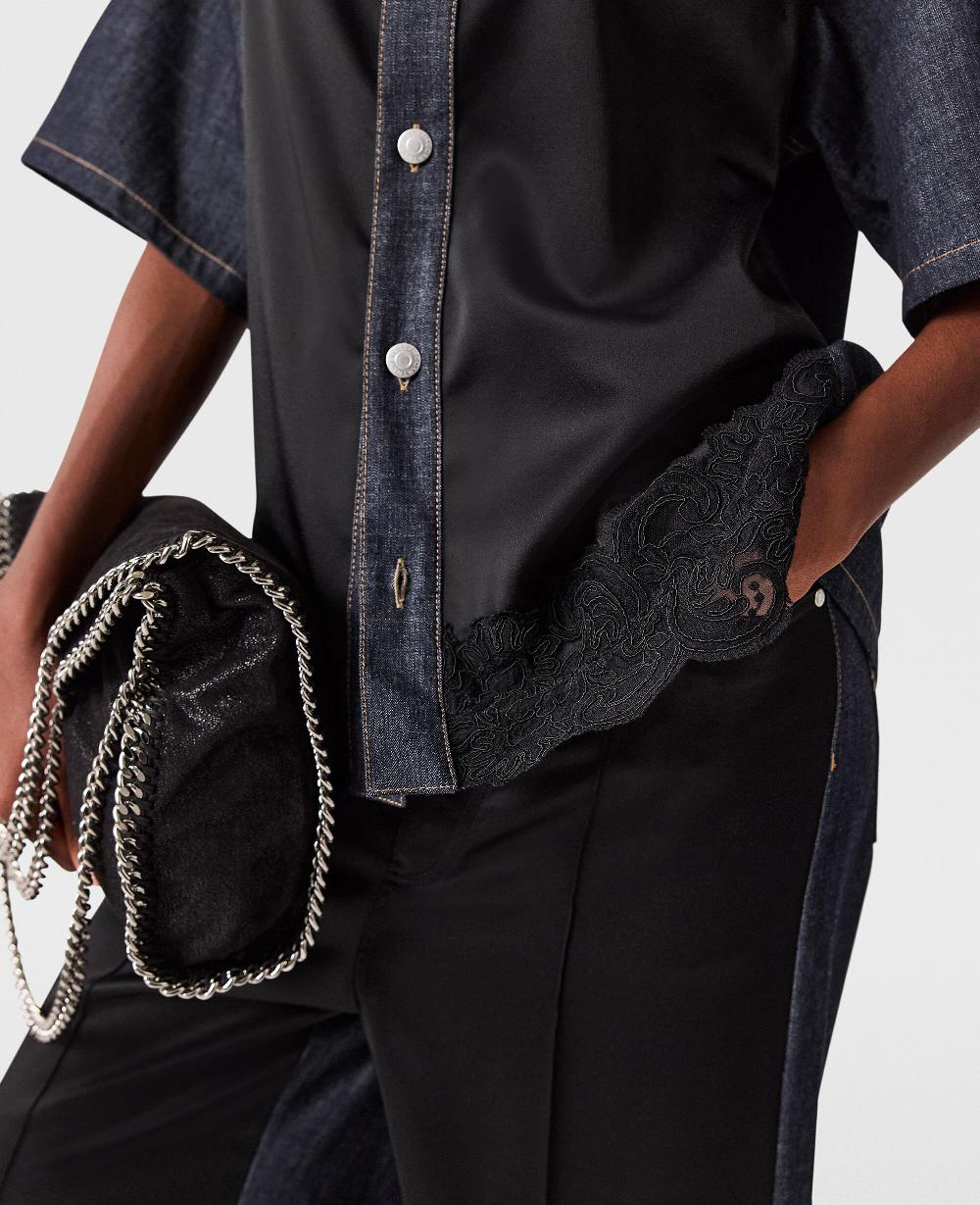 Stella Satin Panel Short-Sleeve Denim Shirt