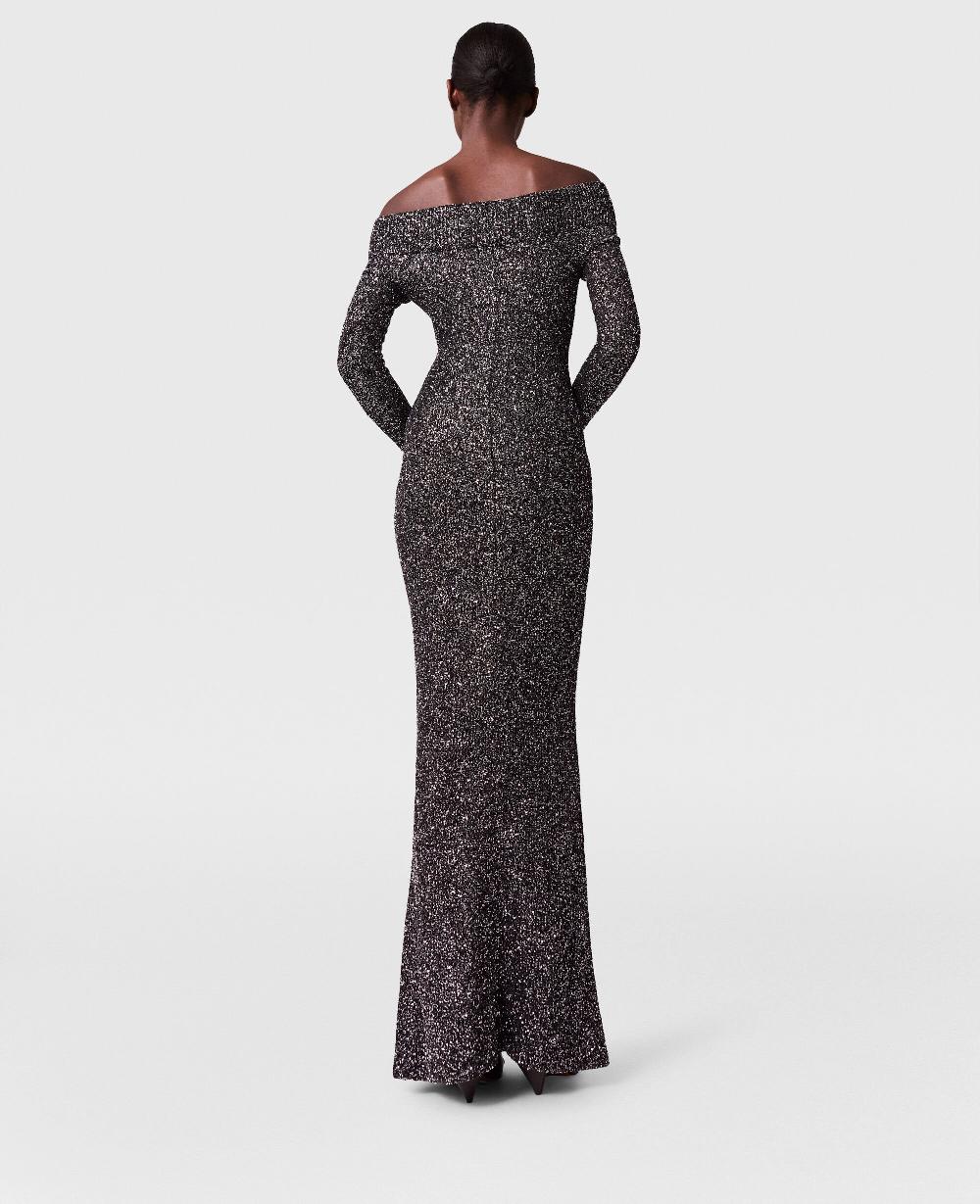 Stella Sequin Off-Shoulder Floor-Length Dress