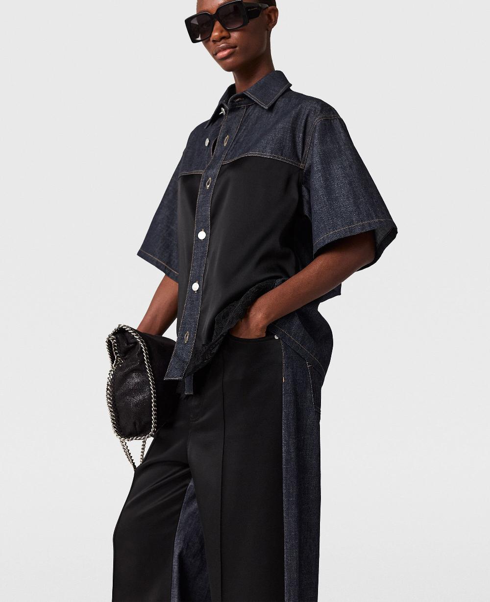 Stella Wide-Leg Satin-Panel Denim Jeans