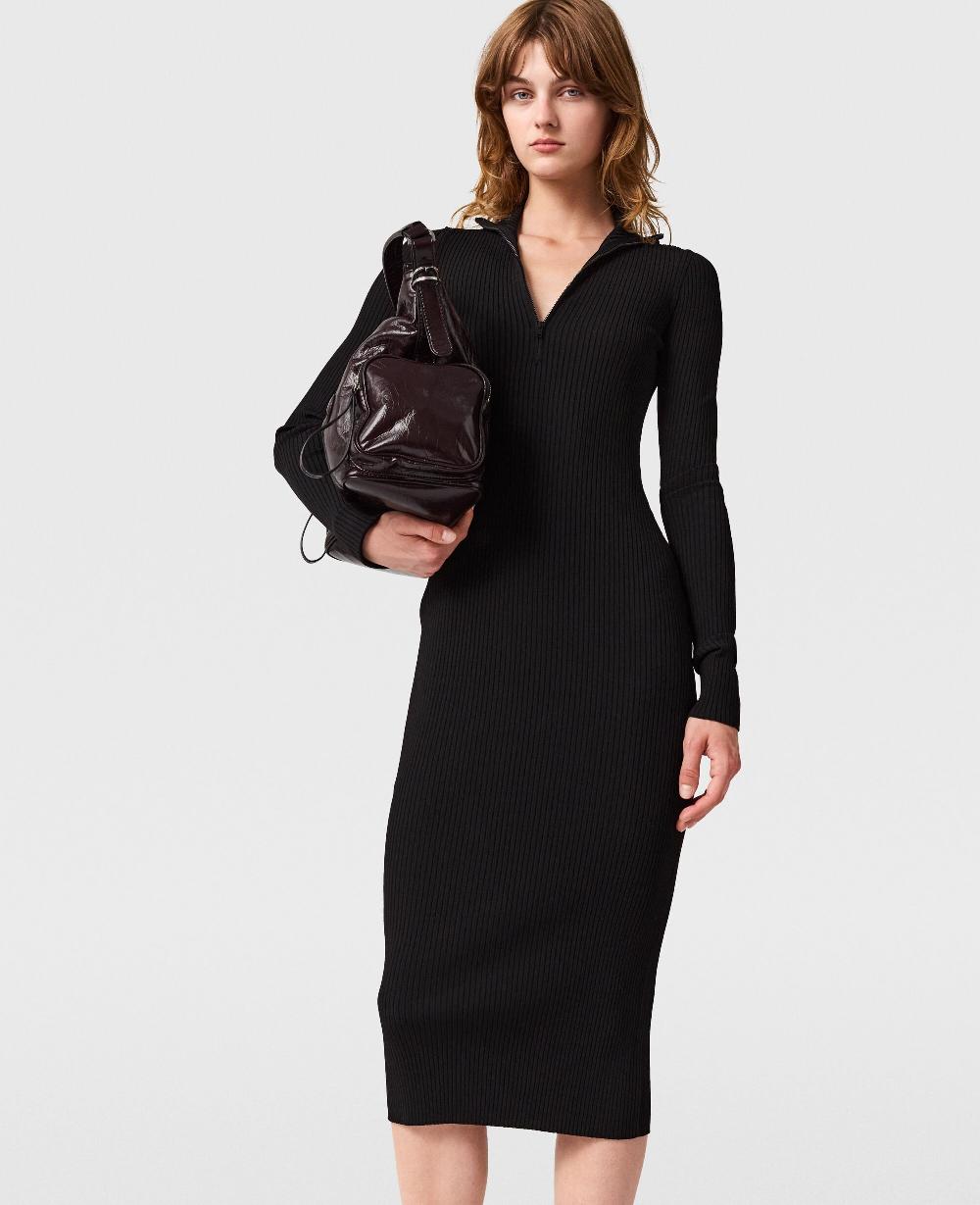 Stella Zipper-Neck Ribbed Knit Midi Dress