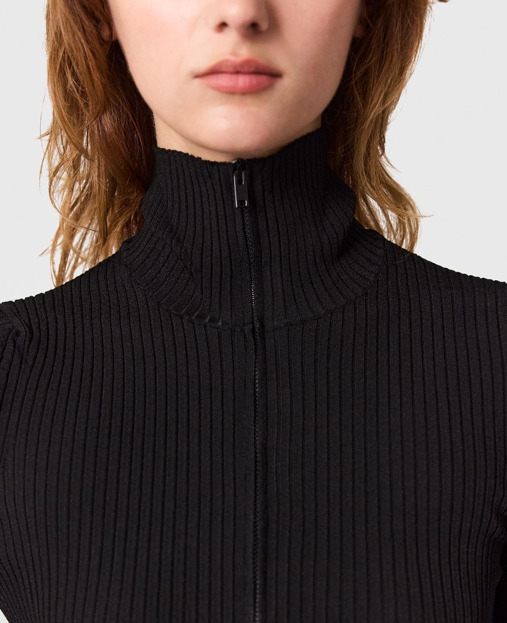 Stella Zipper-Neck Ribbed Knit Midi Dress