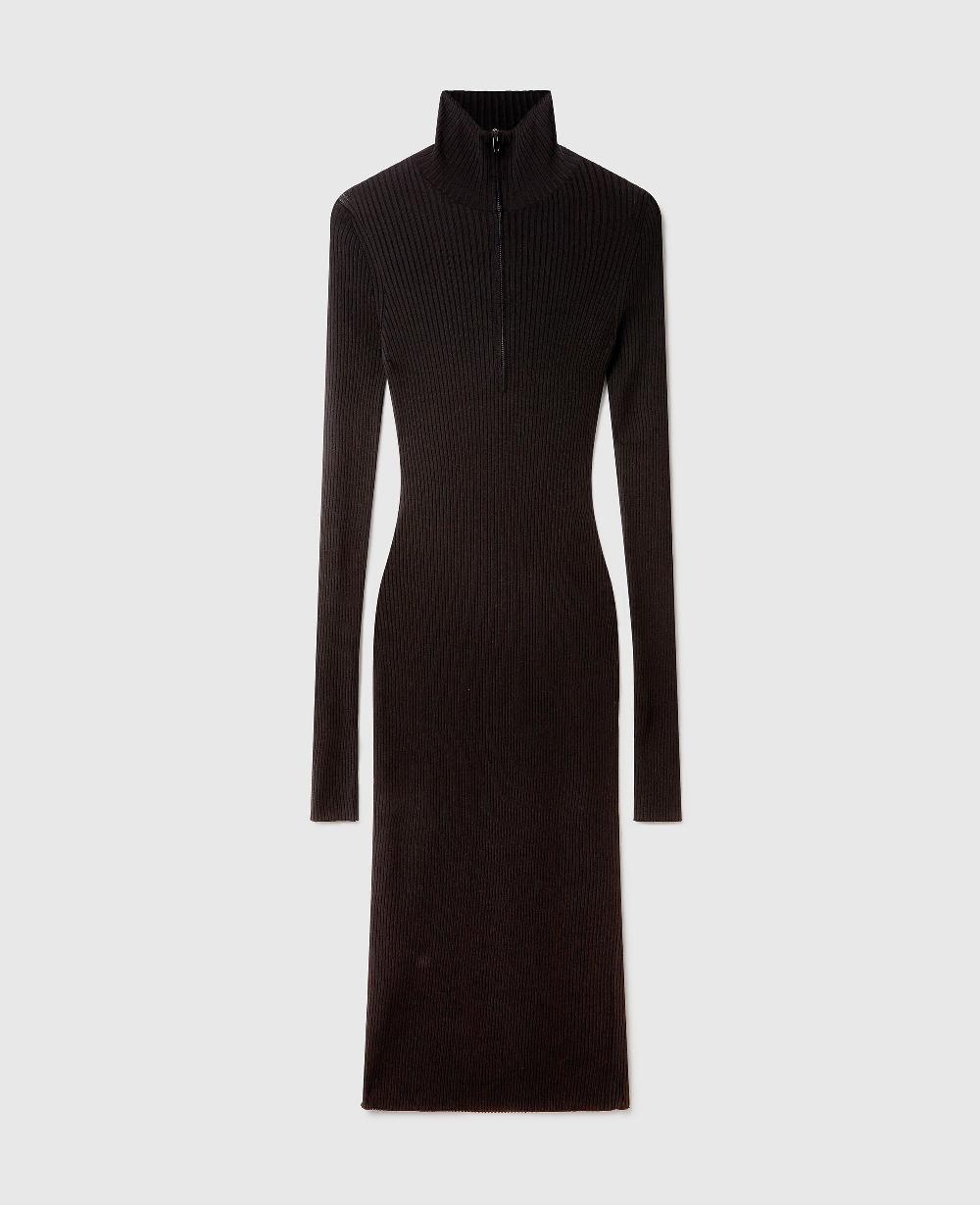 stella Zipper-Neck Ribbed Knit Midi Dress