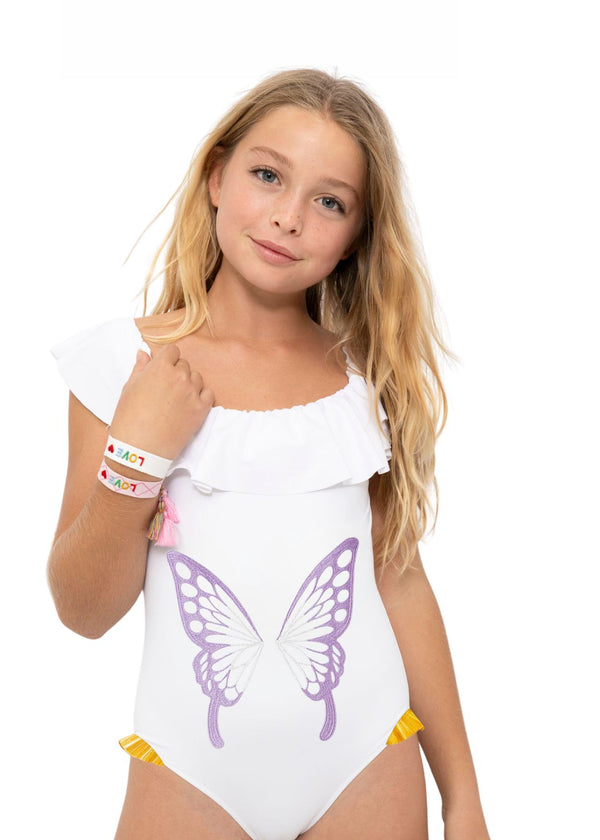 Stella Cove Embroidery Butterfly Ruffle Swimsuit With Gold Frill