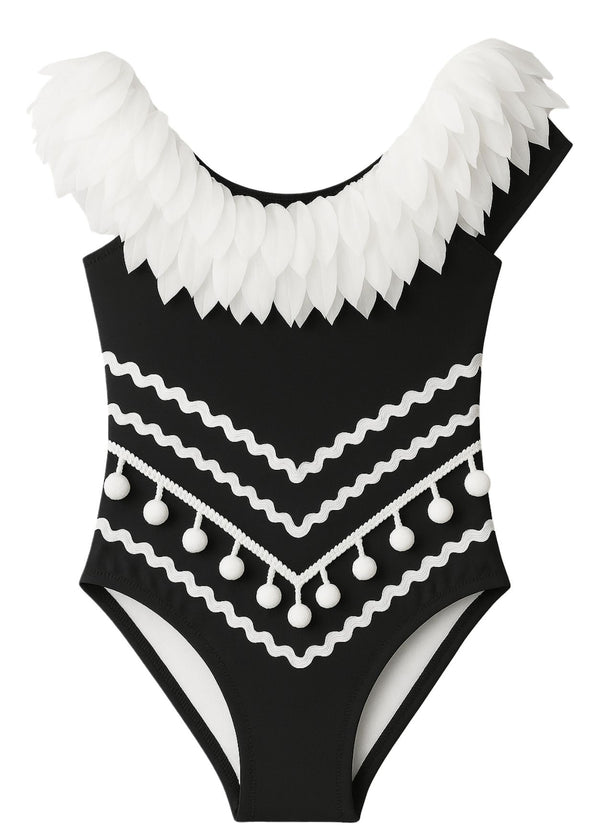 stella cove Black Swimsuit with Petals & Pom Poms