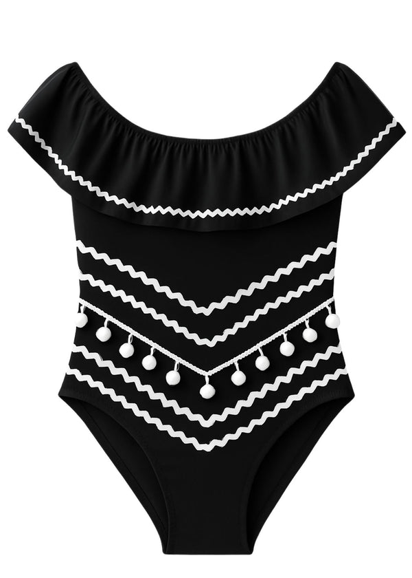 stella cove Black Swimsuit with Ric Rac N Pom Poms