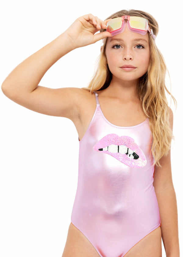 stella cove Metallic Pink Swimsuit with Sequin Lip