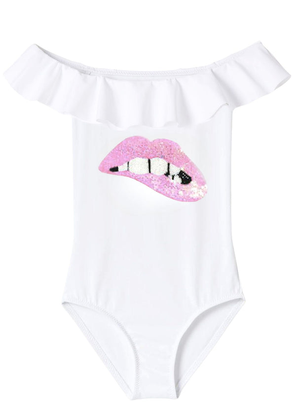 stella cove White Draped Swimsuit with Lip Sequin