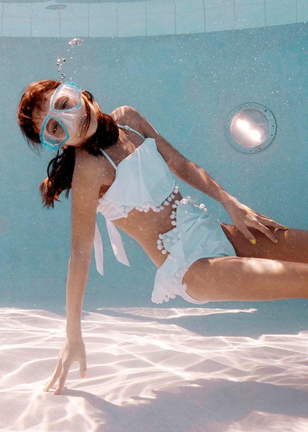 stella cove White Ruffle Bikini with Pom Poms