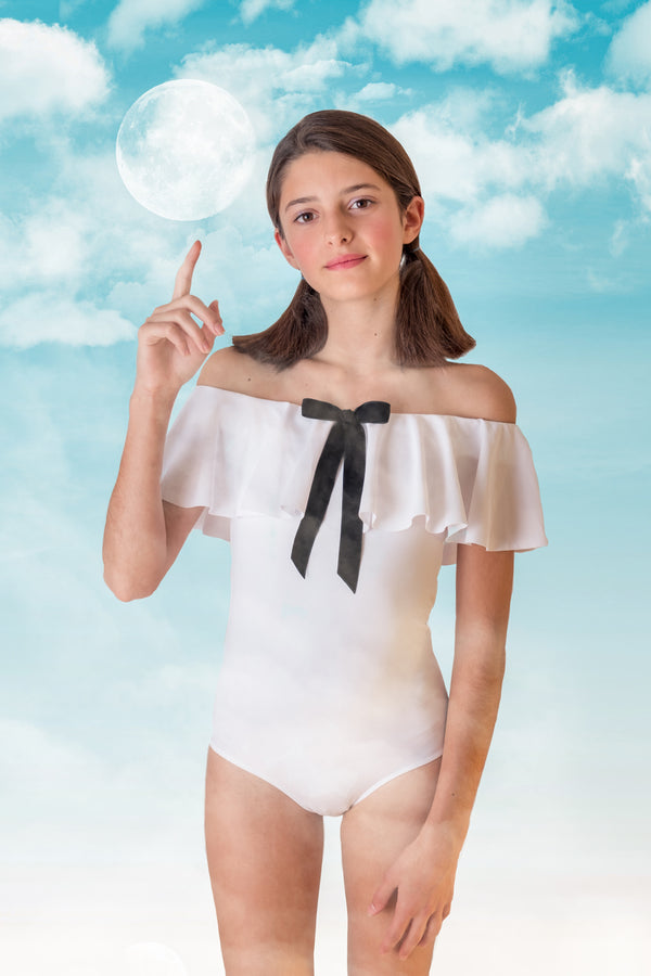 Stella Cove White Ruffle Swimsuit With Black Bow
