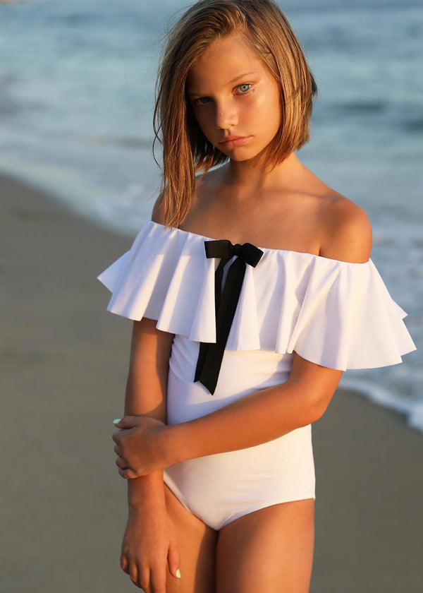 Stella Cove White Ruffle Swimsuit With Black Bow