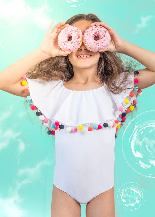 Stella Cove White Swimsuit With Pom Poms