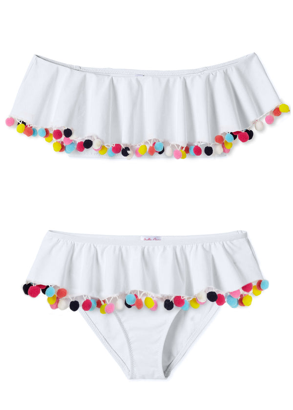 stella cove White Draped Bikini with Multicolor Pom Poms