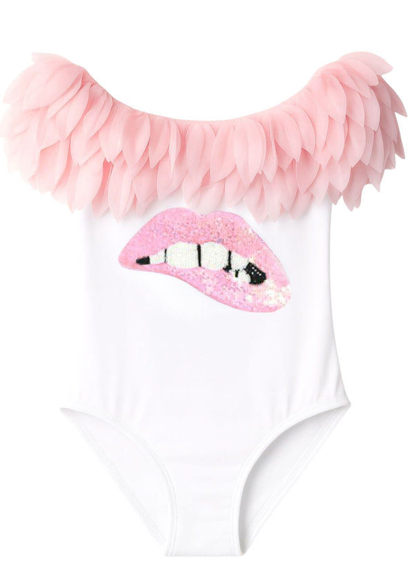 stella cove White Swimsuit with Pink Petals & Lip Sequin