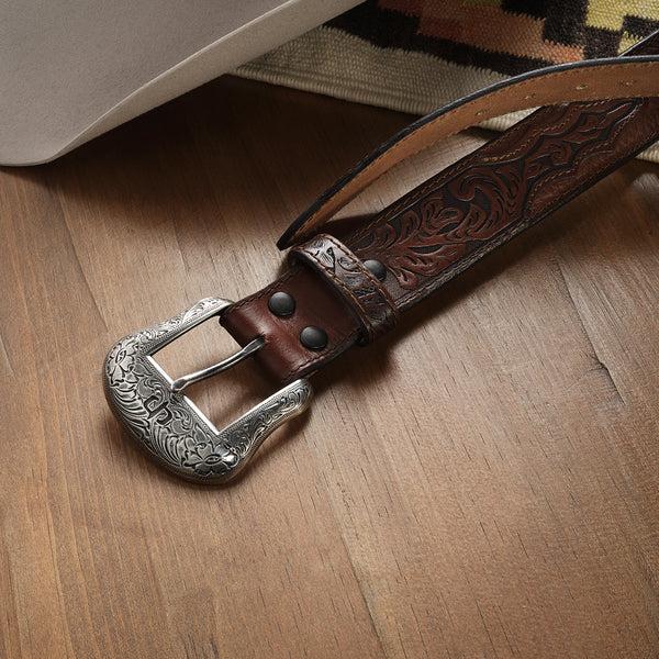 Stetson Bison Leather Tooled Tab Belt