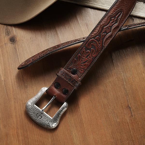 Stetson Bison Leather Tooled Tab Belt