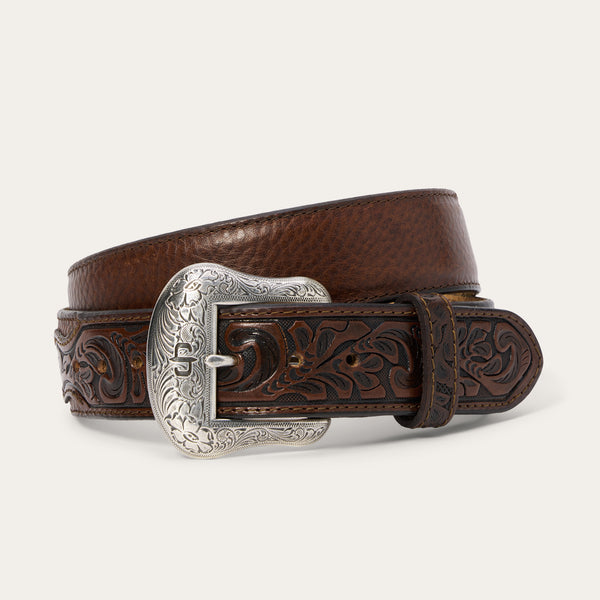 stetson Bison Leather Tooled Tab Belt