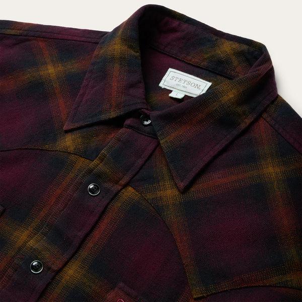 Stetson Black Wine Plaid Flannel Western Shirt