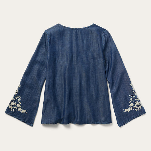 Stetson Embroidered Denim Peasant Blouse