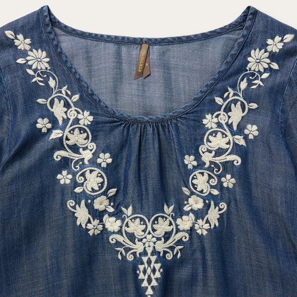 Stetson Embroidered Denim Peasant Blouse