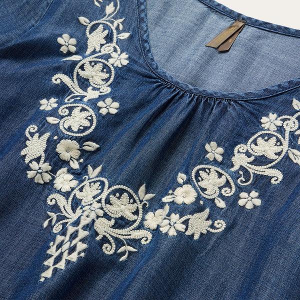 Stetson Embroidered Denim Peasant Blouse