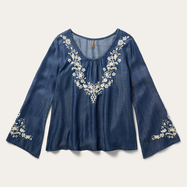 stetson Embroidered Denim Peasant Blouse