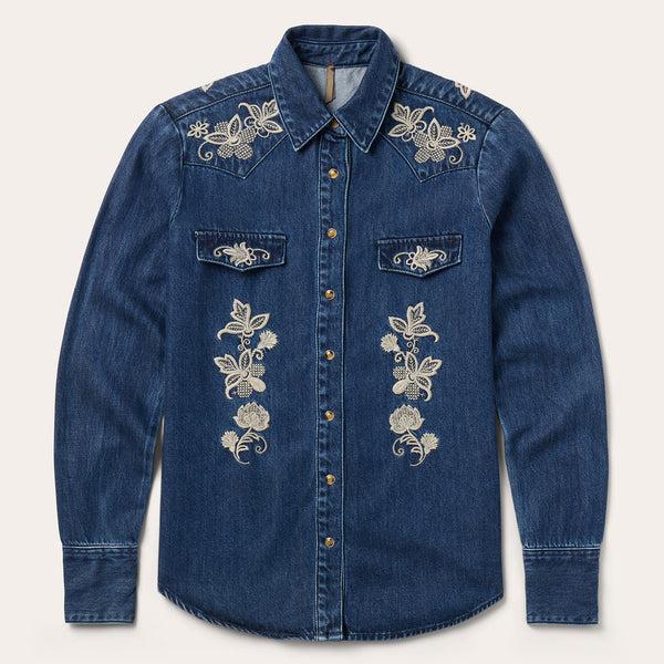 stetson Floral Embroidered Dark Denim Shirt