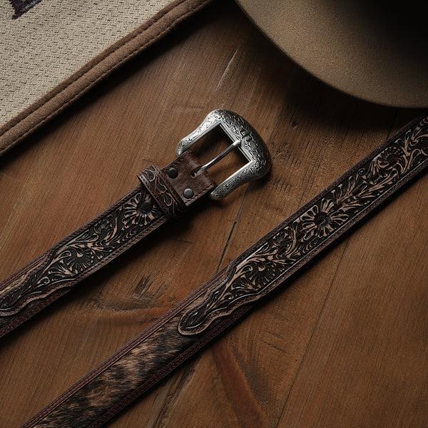 Stetson Hair-on-Hide Tooled Tab Belt