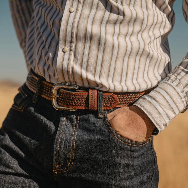 Stetson Pebble Leather Basket Weave Tabs Belt