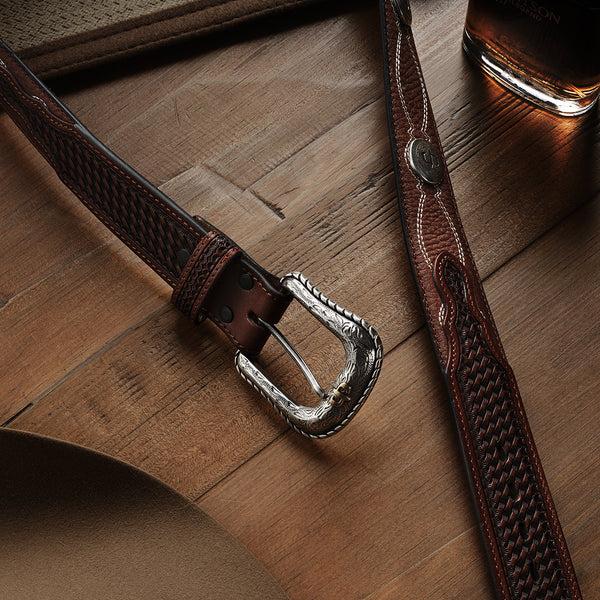 Stetson Pebble Leather Basket Weave Tabs Belt