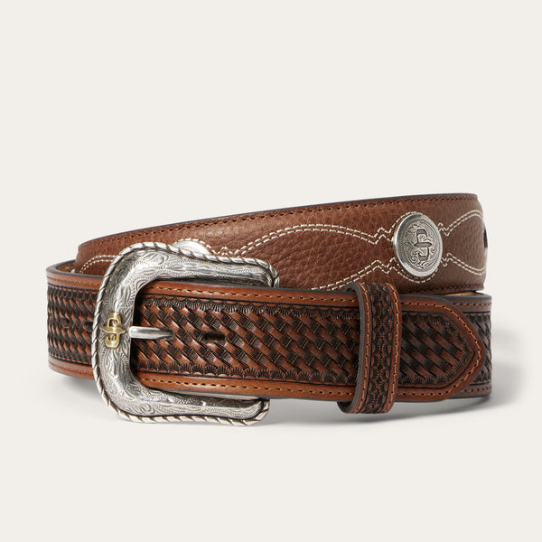 stetson Pebble Leather Basket Weave Tabs Belt
