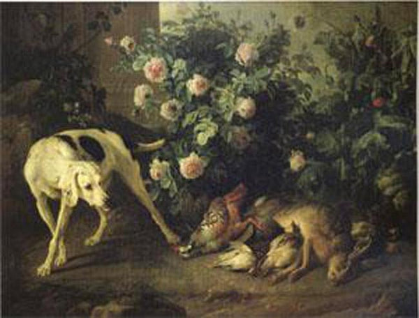 steve art gallery Dog Guarding Game Near a Rosebush Francois Desportes 50x40cm