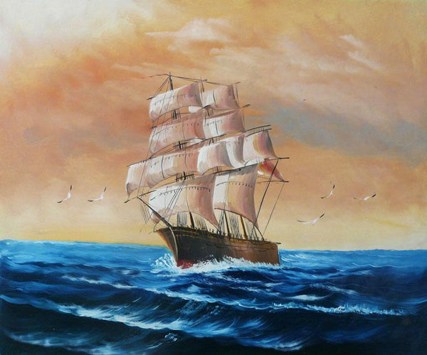 steve art gallery Sail boat with seagulls navigation oil painting on canvas steve art gallery Sail boat with seagulls navigation oil painting on canvas