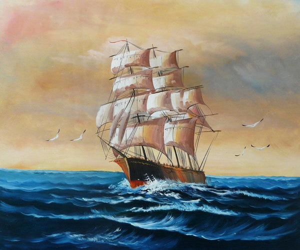 steve art gallery Sail boat with seagulls navigation oil painting on canvas steve art gallery Sail boat with seagulls navigation oil painting on canvas