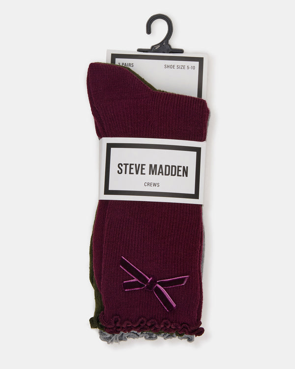 Steve Madden 3 Pack Folly Velvet Bow Rib Crew Socks Cherry 3PACKFOLLYVELVETBOWRIBCREWSOCKS