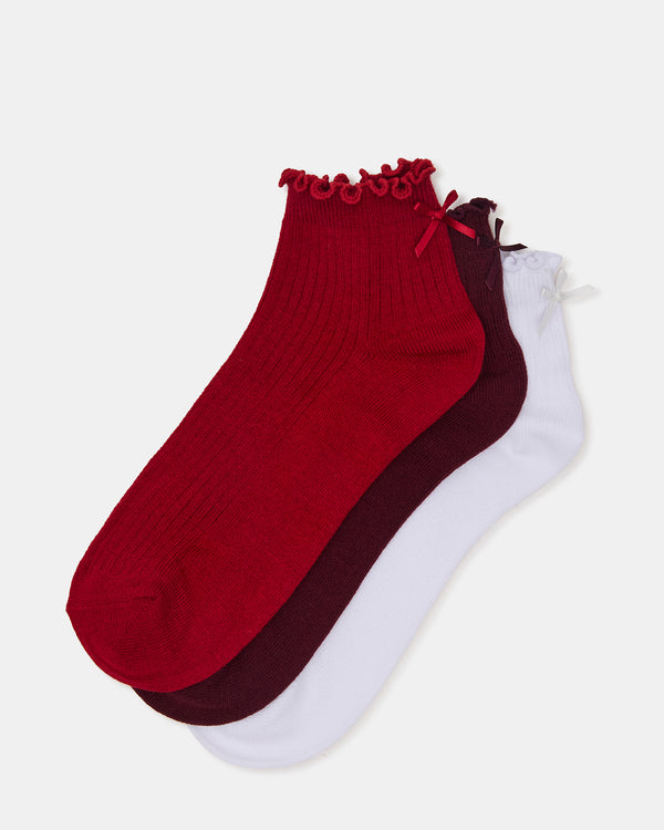 Steve Madden 3 Pack Melody Lettuce Edge Bow Socks Red Multi 3PACKMELODYLETTUCEEDGEBOWSOCKS