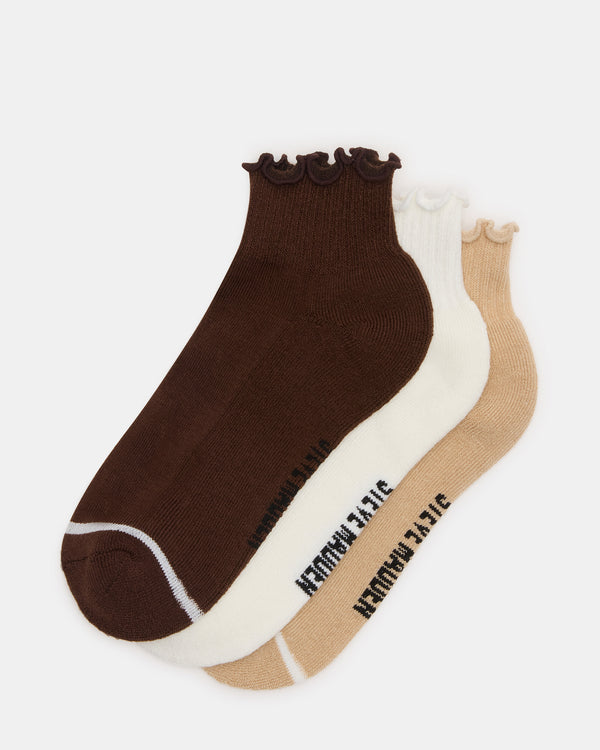 Steve Madden Cheer 3 Pack Lettuce Edge Socks Brown CHEER3PACKLETTUCEEDGESOCKS