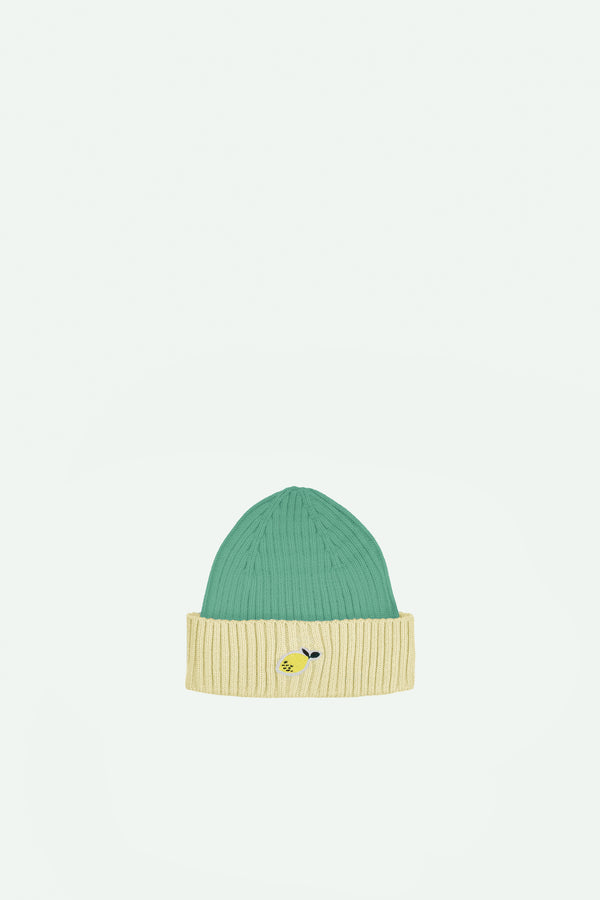 sticky lemon beanie | lemon | aquatic green + sandy yellow