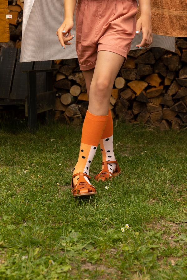 sticky lemon knee high socks | black freckles | candy pink + faded orange