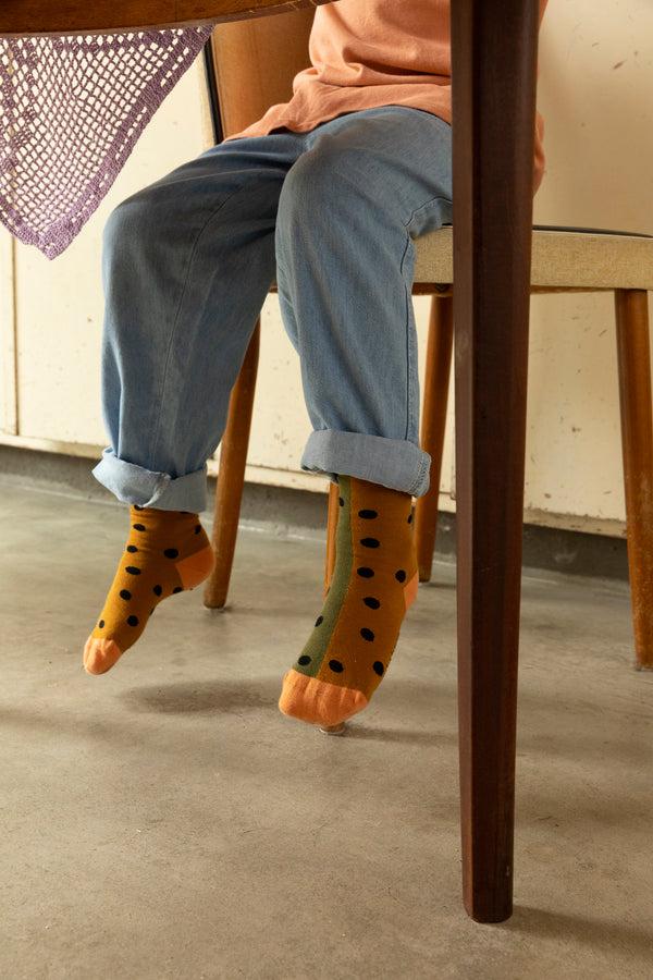 sticky lemon knee high socks | black freckles | caramel fudge + seventies green