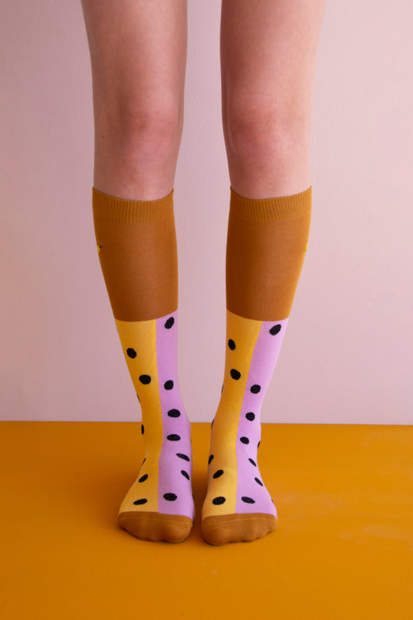 Sticky Lemon Knee High Socks | Black Freckles | Pirate Purple + Retro Yellow