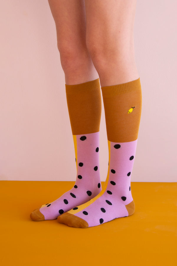 sticky lemon knee high socks | black freckles | pirate purple + retro yellow