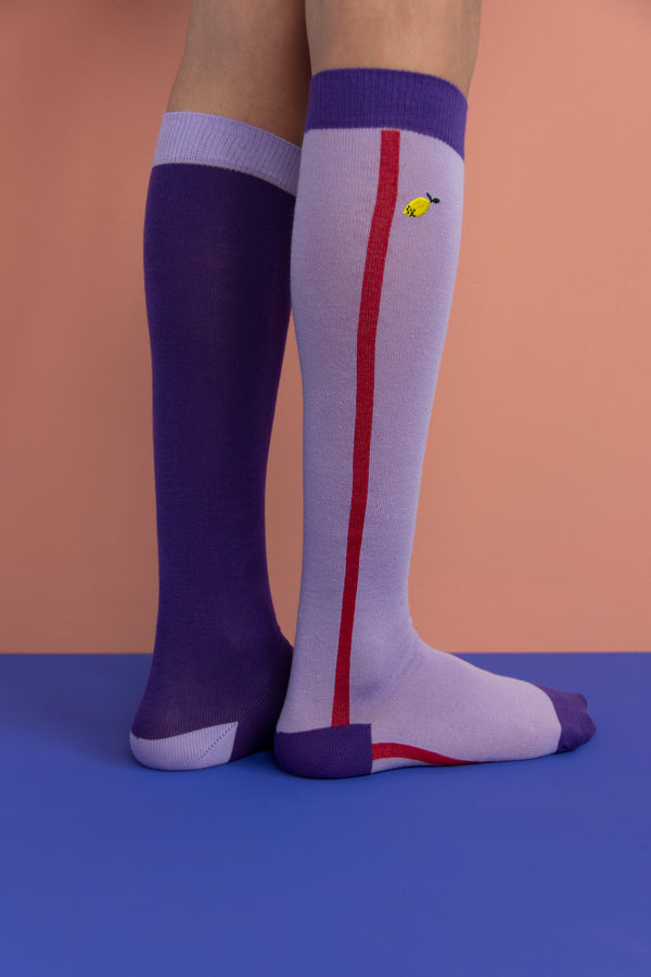 Sticky Lemon Knee High Socks | Colourblocking | Lobby Purple + Moustafa Purple | Size 22-24